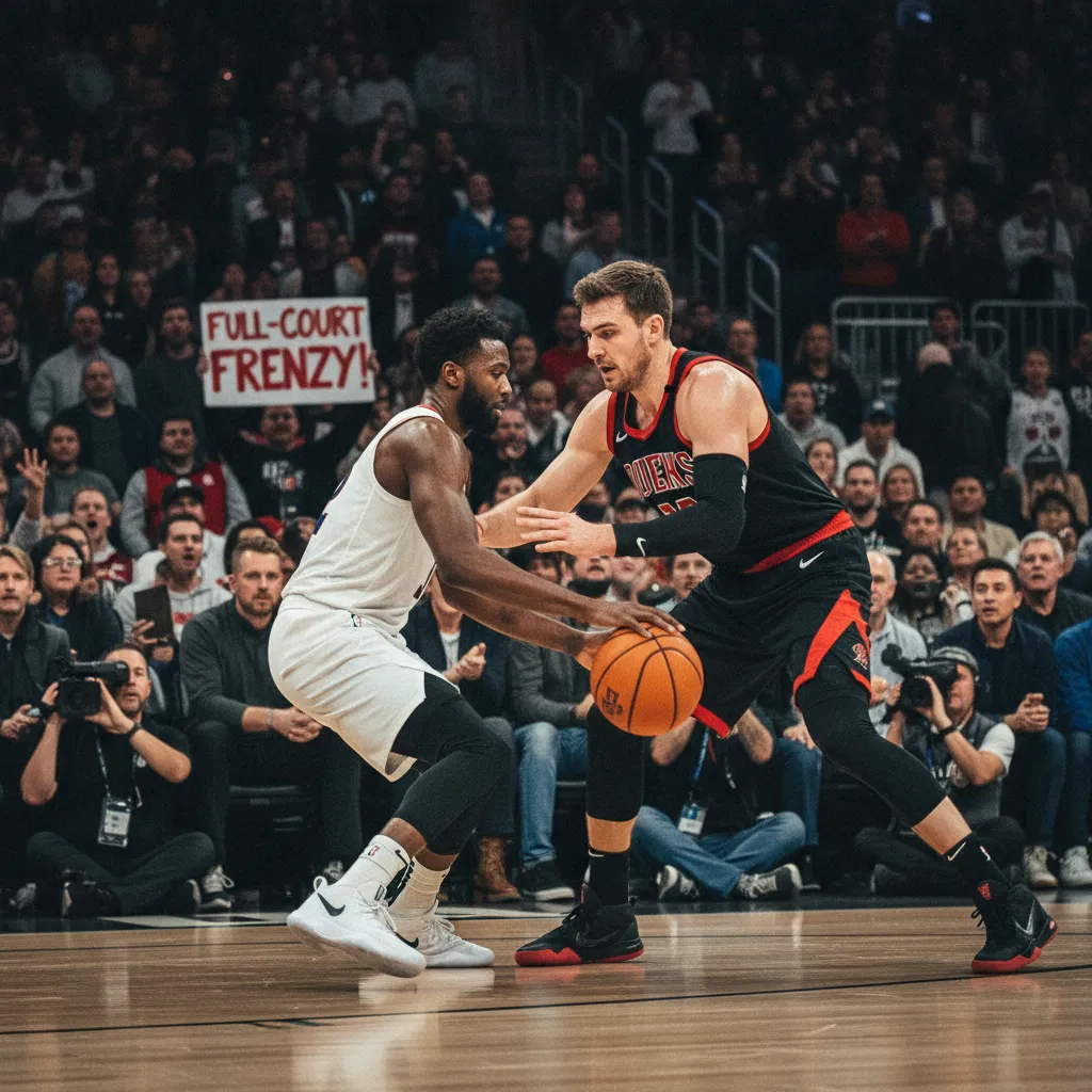 Basketball players setting up a zone press trap.